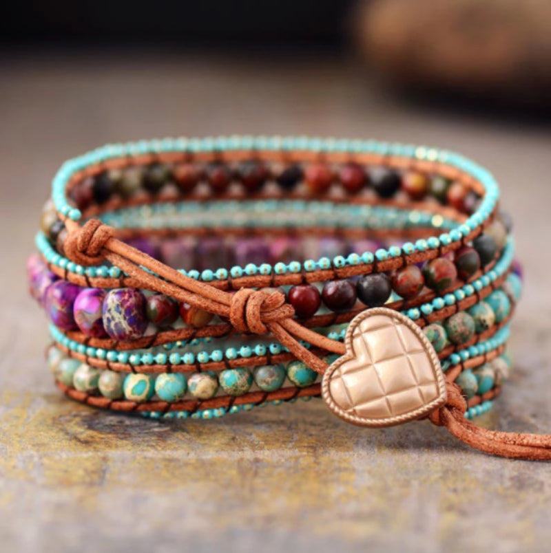 Vintage-Lederarmband mit Jade-Mix