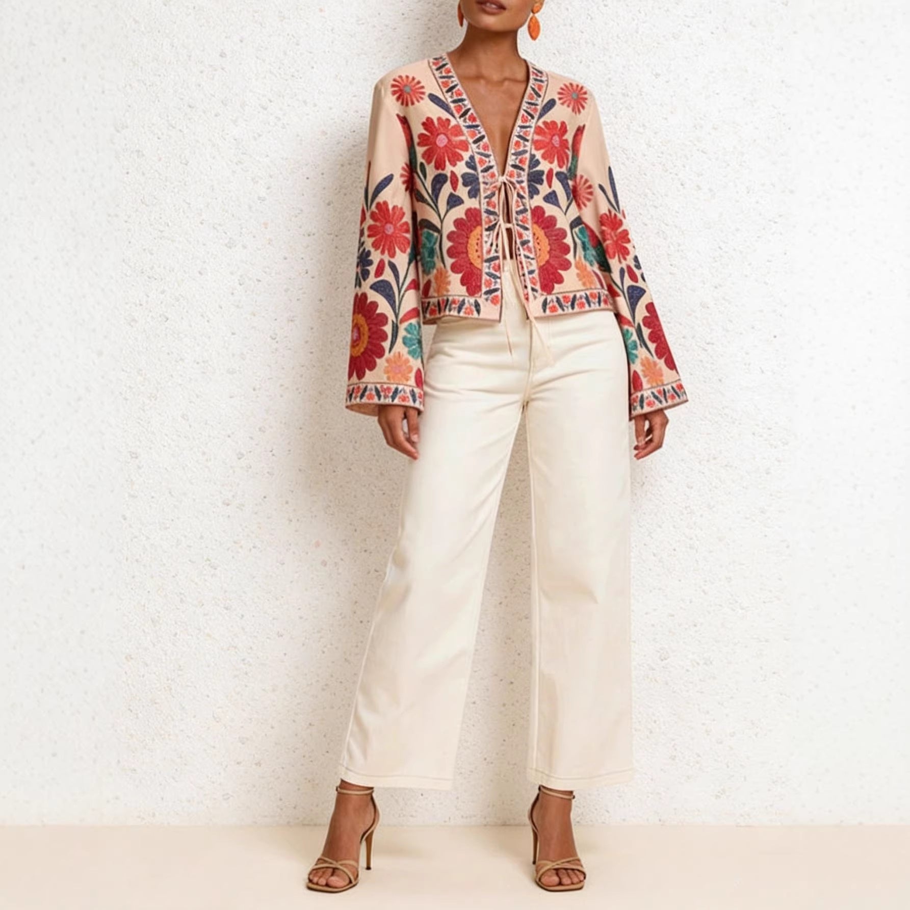 Boho-Jacke «Fiore» · Blüten-Stickerei, Bindeband