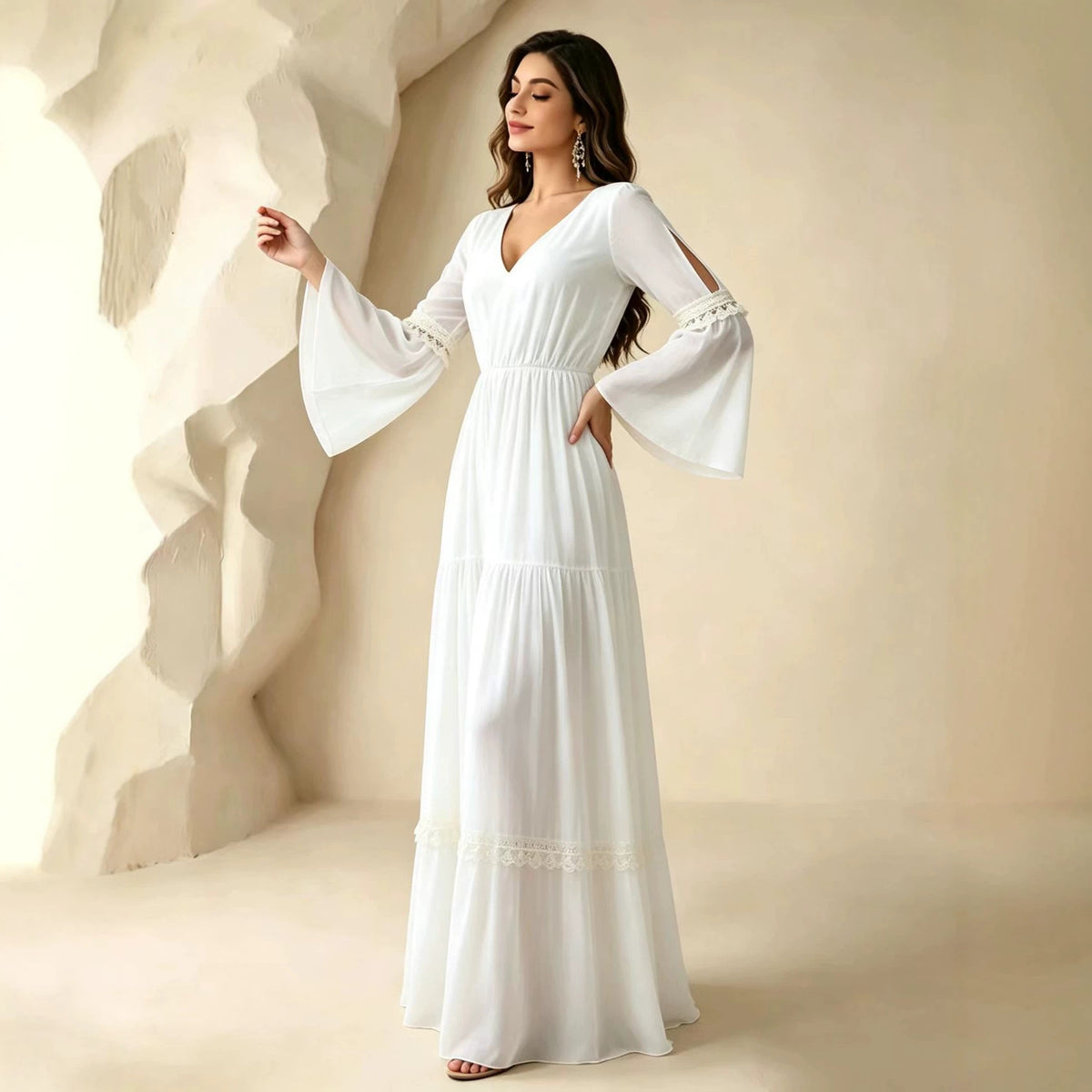 Weisses V-Ausschnitt Split-Bell-Sleeve Kleid | LuxeStyle