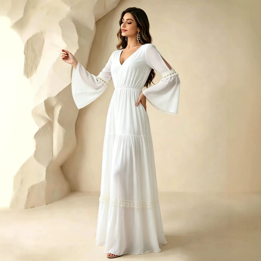 Weisses V-Ausschnitt Split-Bell-Sleeve Kleid – Bild 6 | LuxeStyle