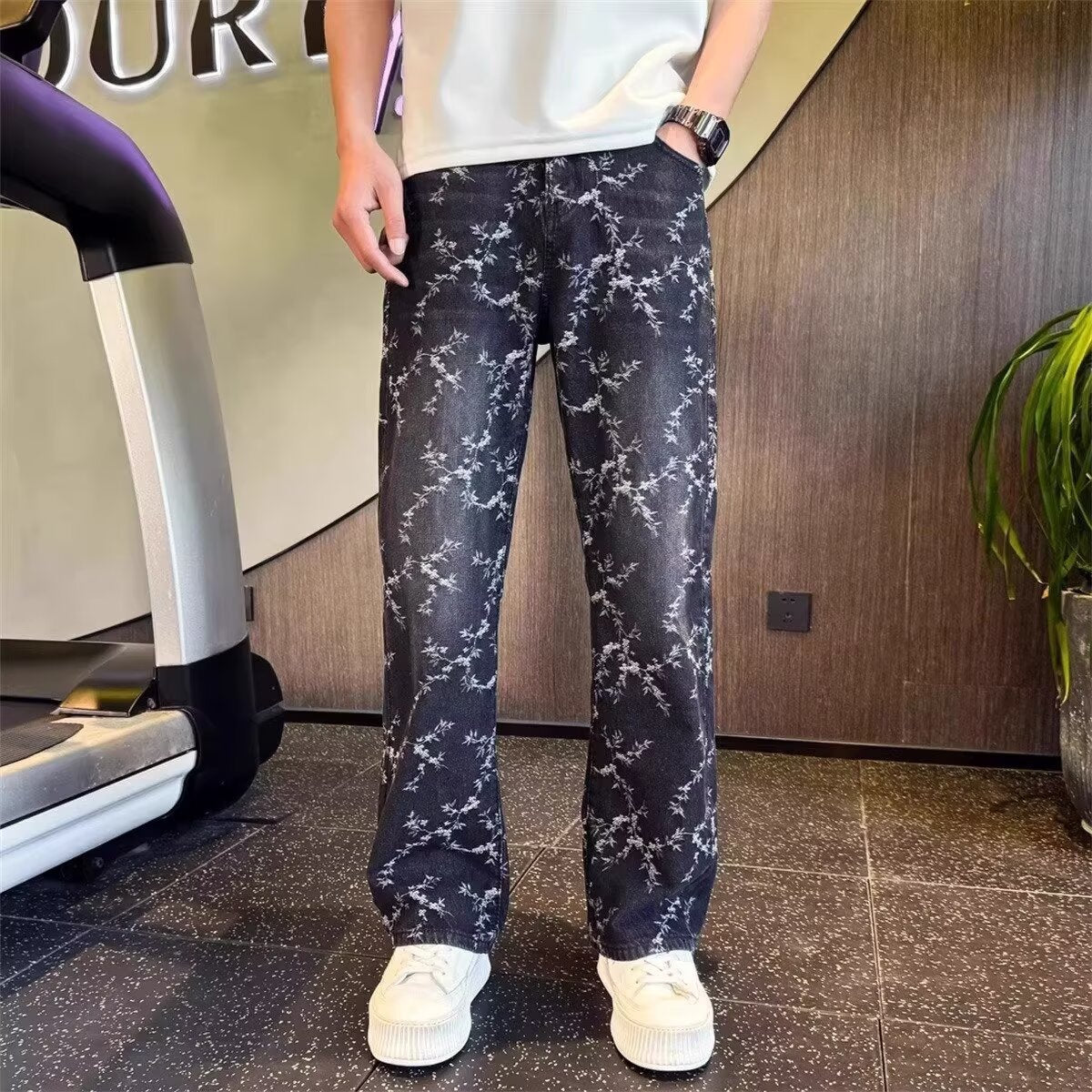Retro Jacquard Denim Jeans für Herren