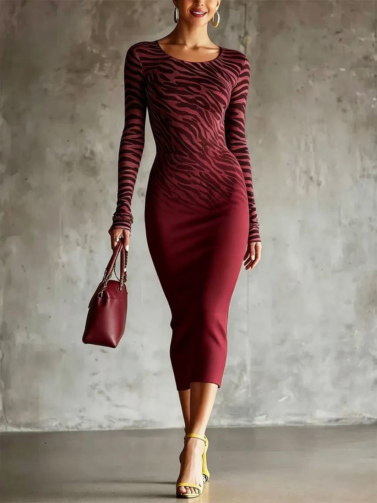 Langärmliges Bodycon-Midi-Kleid mit Tiermuster – Bild 3 | LuxeStyle