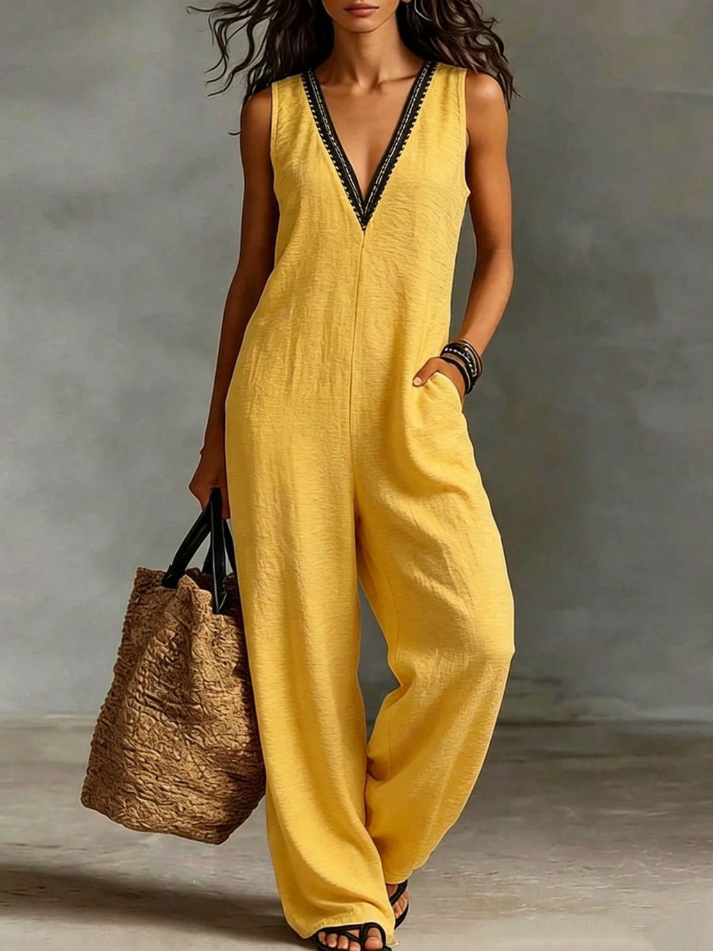 V-Ausschnitt Ärmelloser Jumpsuit mit weitem Bein