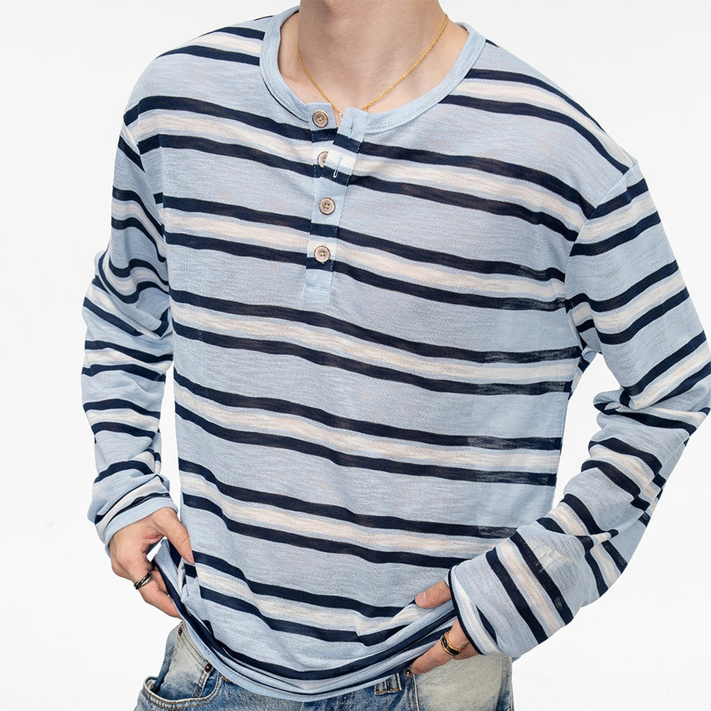 Burgunder- und Blaue Streifen-Henley mit Fleece – Bild 3 | LuxeStyle
