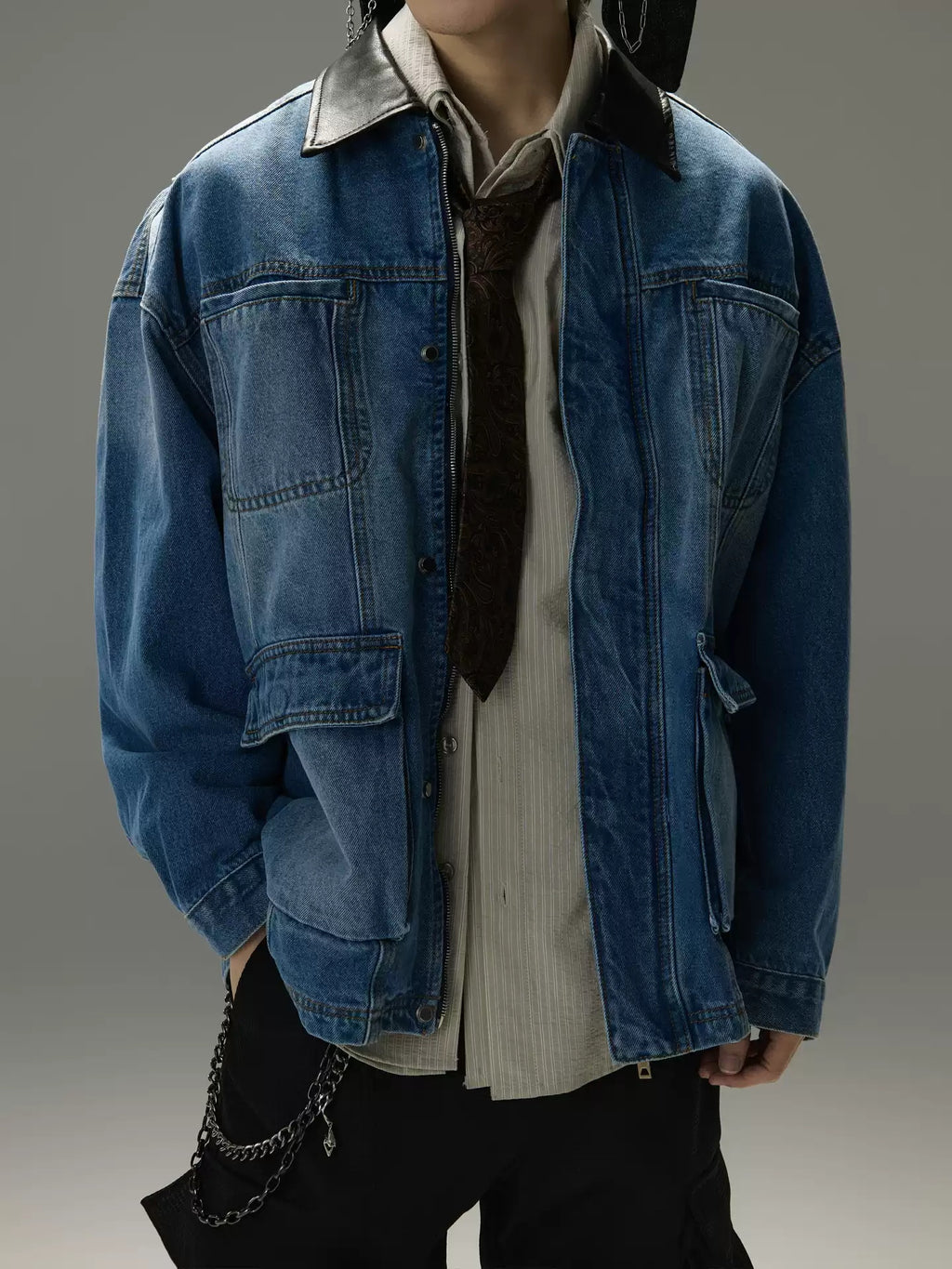 Patchwork Denim-Jacke mit Reverskragen