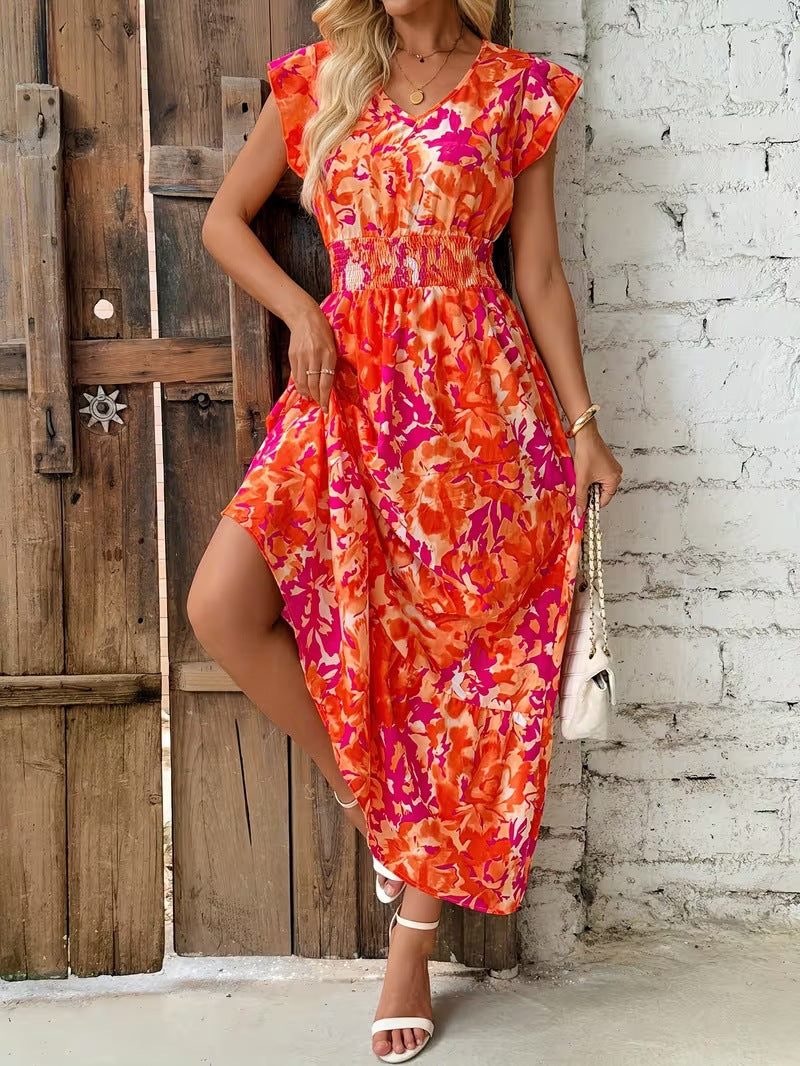 Damen V-Ausschnitt Dolman-Kleid mit Blumenmuster