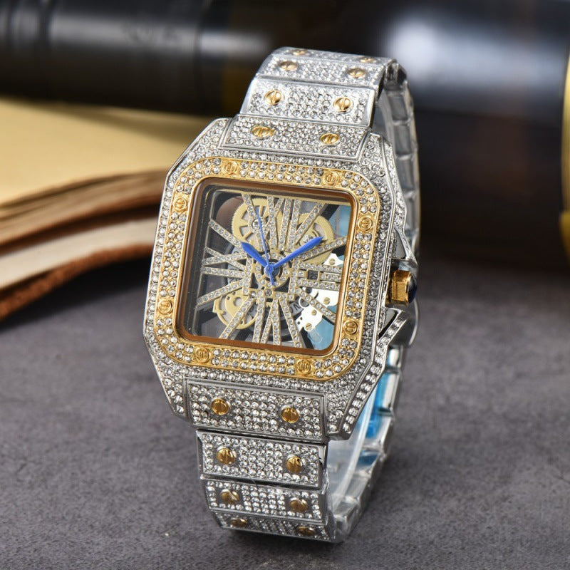 Quadratische Armbanduhr mit Edelstahlarmband und Diamantverzierung
