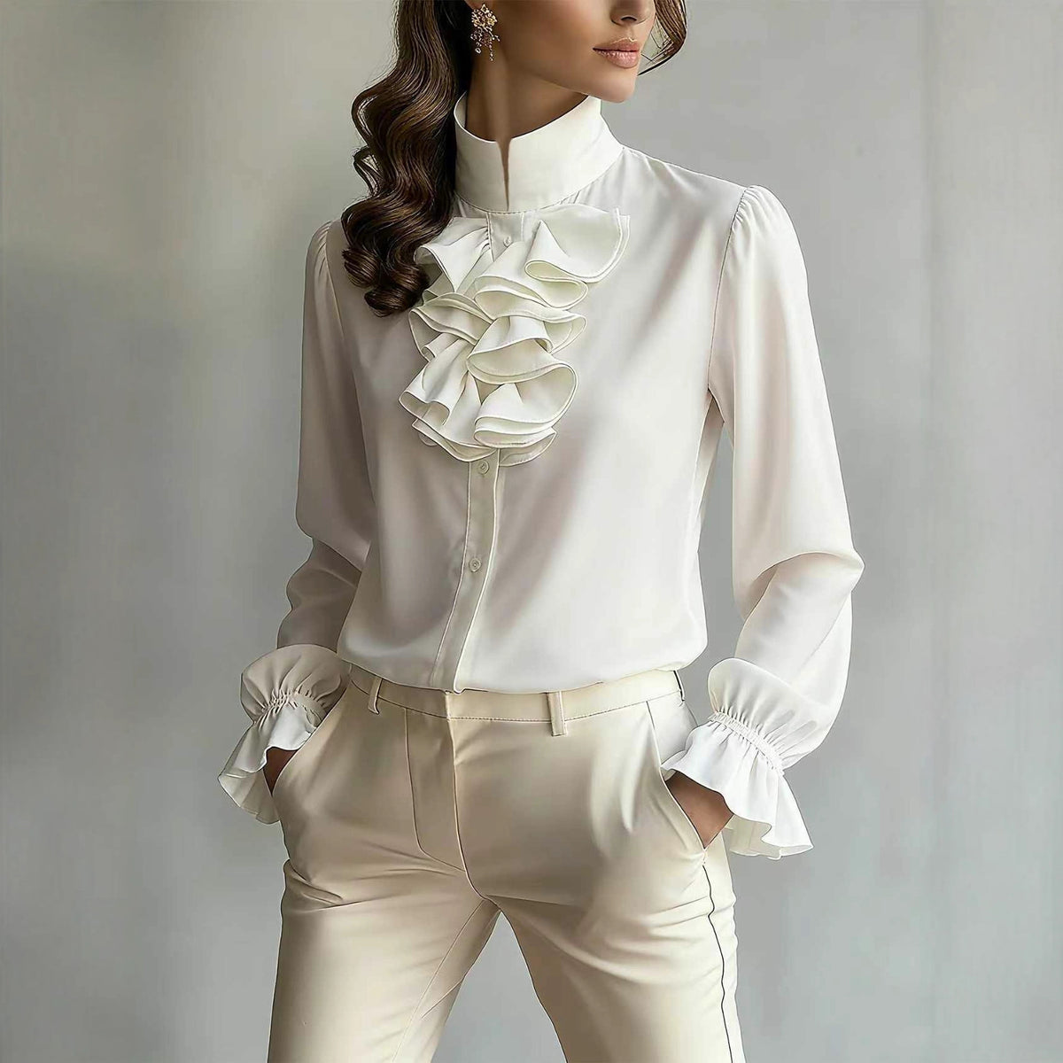 Unifarbenes Damen-Shirt mit Rüschenkragen – Bild 3 | LuxeStyle