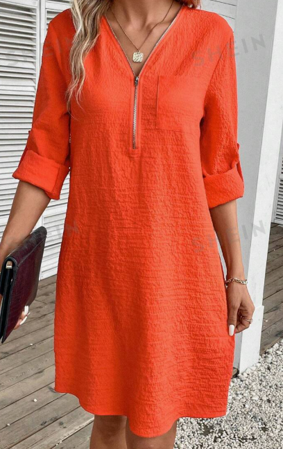 Strukturiertes Kleid mit Reissverschluss & Taschen