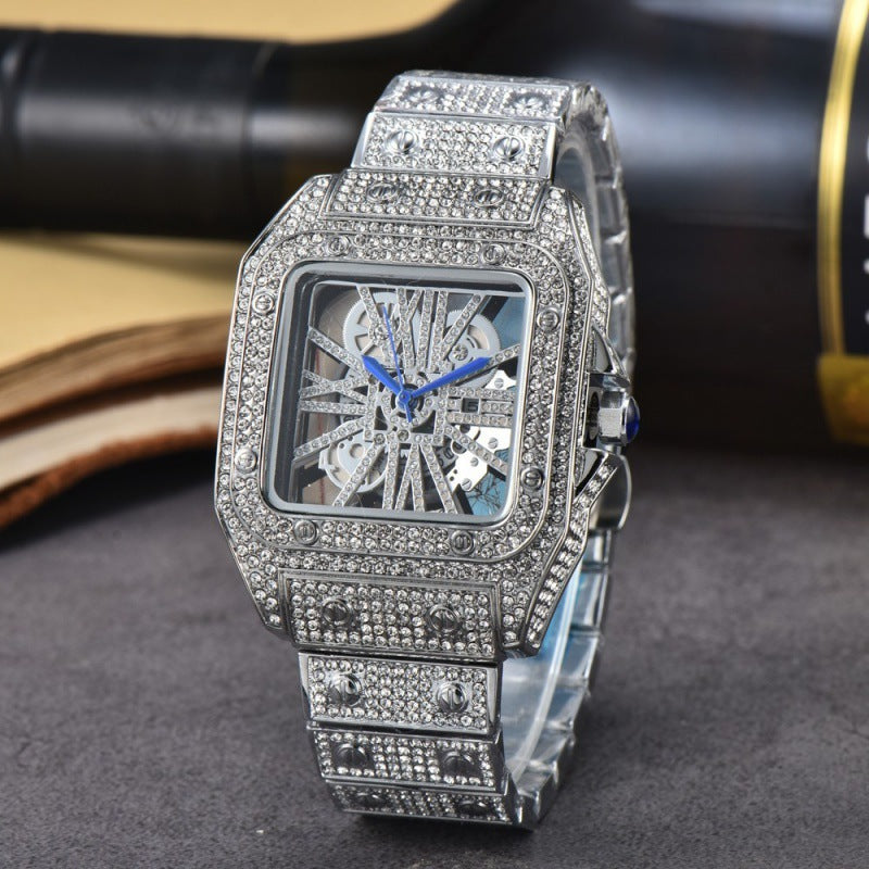 Quadratische Armbanduhr mit Edelstahlarmband und Diamantverzierung