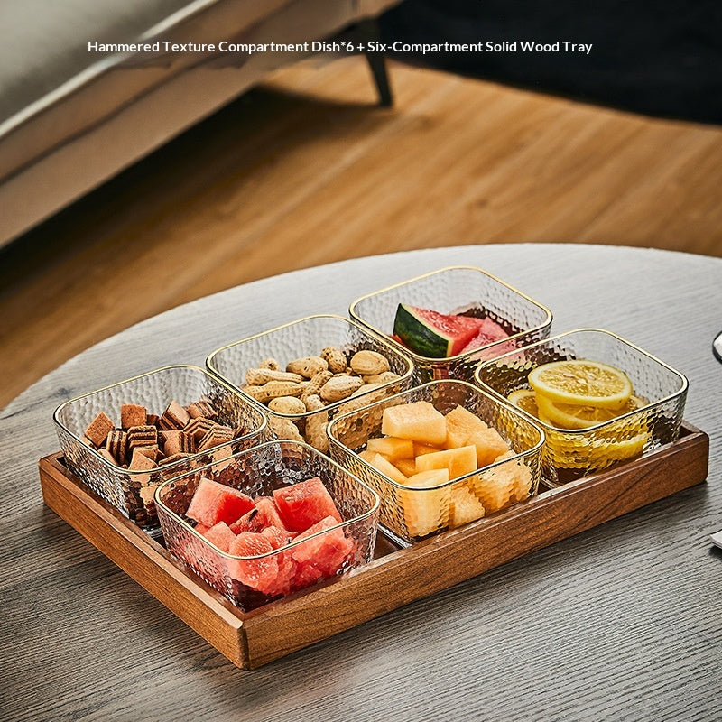 Glas-Servierplatte mit Holztablett