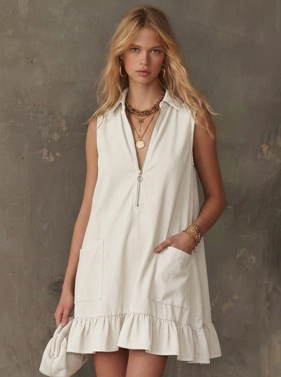 Ärmelloses V-Neck Rüschenkleid mit Taschen – Bild 7 | LuxeStyle