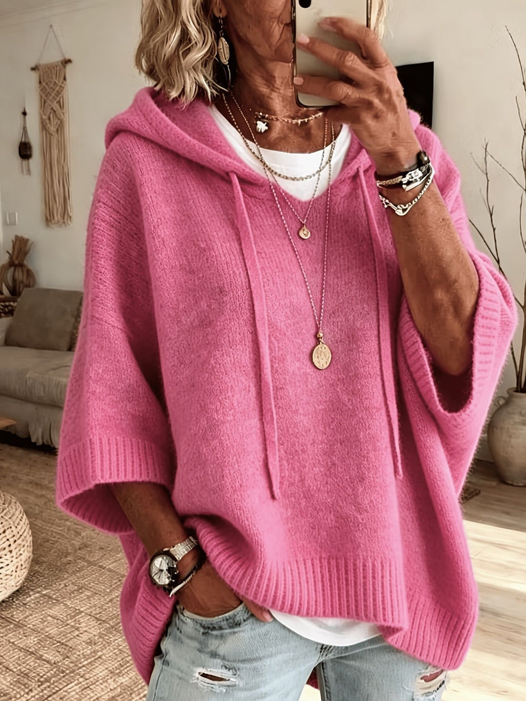 Hooded Drawstring Sweater aus Strick