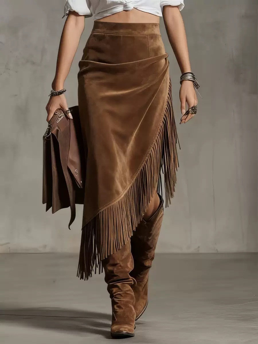 High-Waisted Wildleder-Fransenrock für Damen