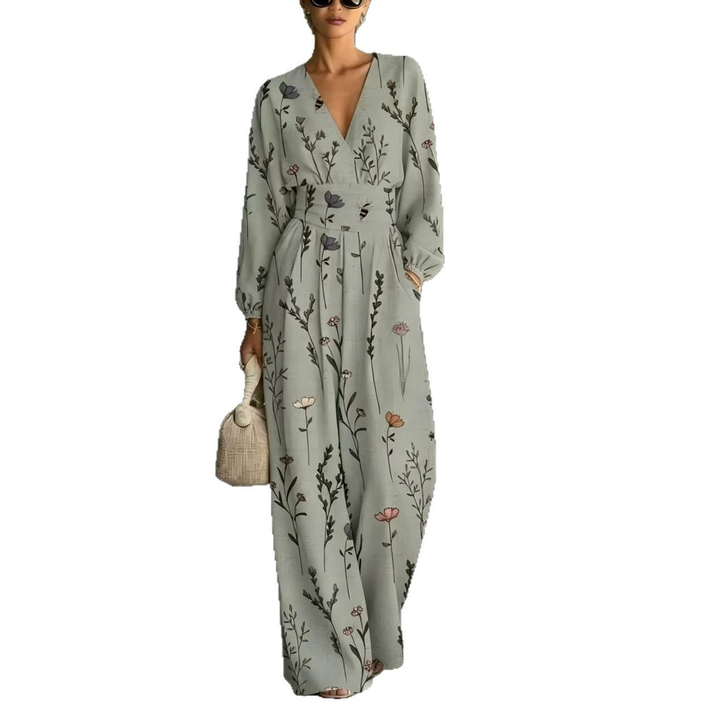 Gemusterter Langarm-Jumpsuit mit V-Ausschnitt