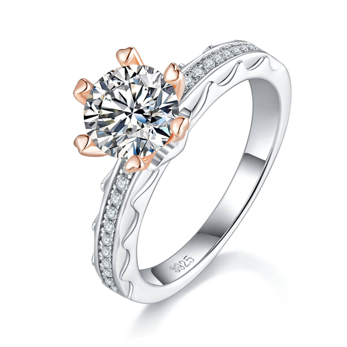 S925 Silber 6,5mm Moissanit Ring mit Goldherzprongs & GRA-Zertifikat