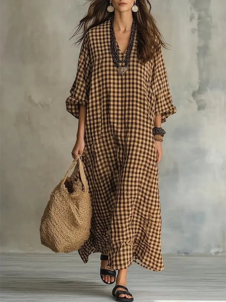 Retro Karo Leinenkleid für Damen