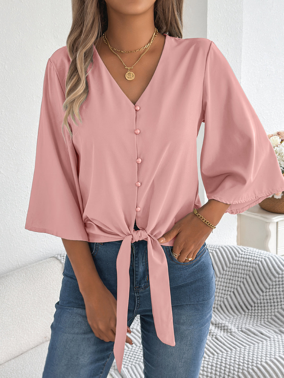 V-Ausschnitt Top mit 3/4-Ärmeln – Bild 7 | LuxeStyle