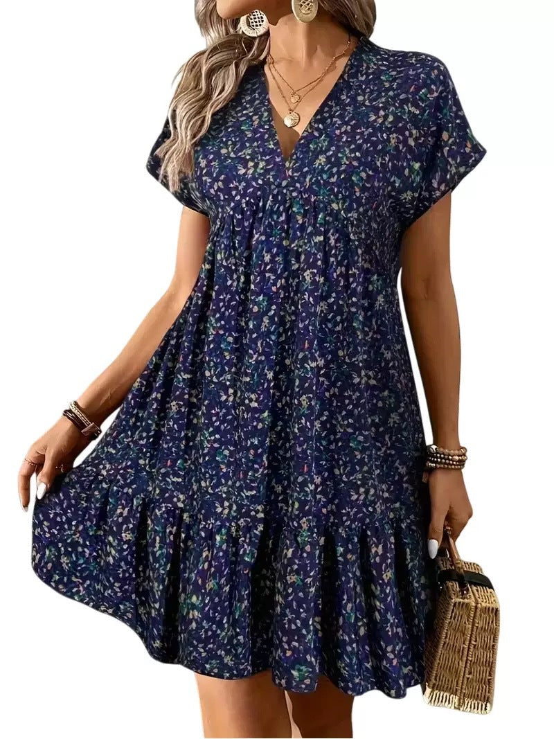 Geblümtes V-Ausschnitt Kleid