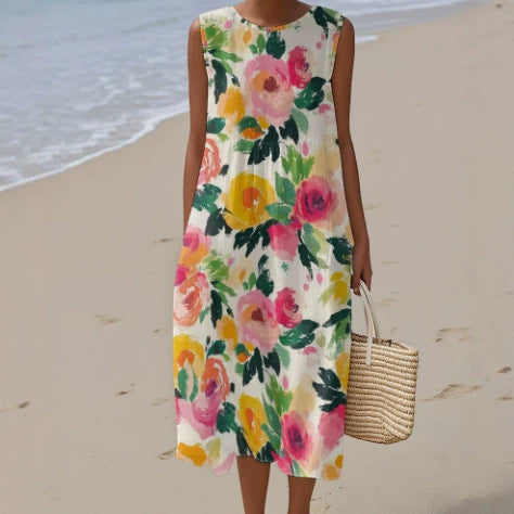Ärmelloses Damenkleid mit 3D-Print und Taschen