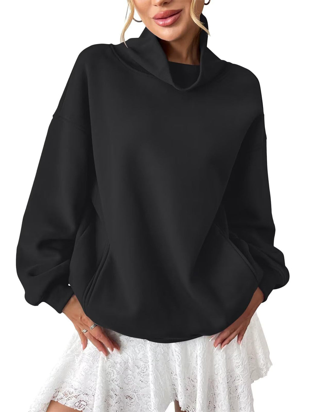 Damen Rollkragen Loose-fit Fleece-Pullover
