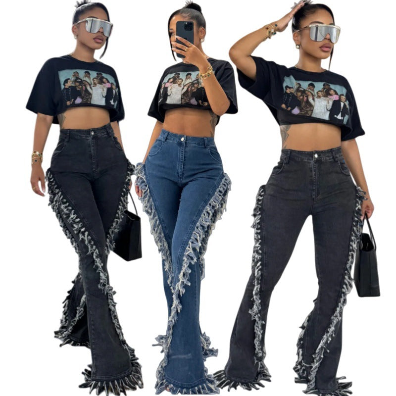 Stretch-Flare-Jeans mit Fransen