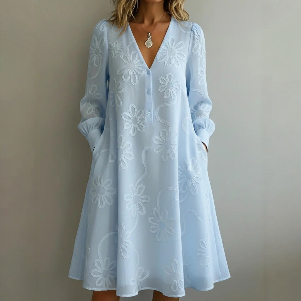 Elegantes Vintage Blumenstickerei V-Neck Kleid