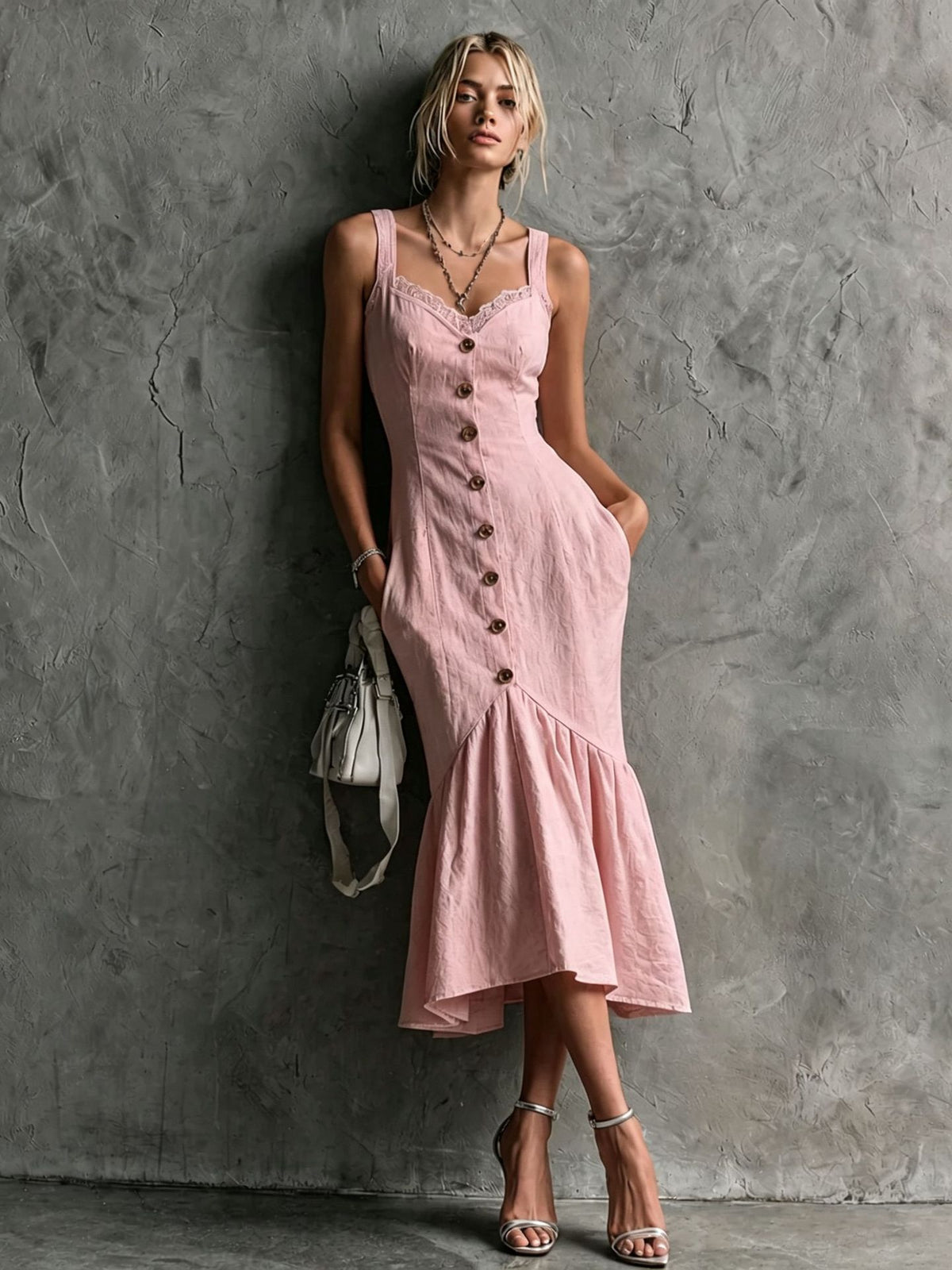 Langes Fishtail-Kleid mit Spitze und Knopfleiste – Bild 5 | LuxeStyle