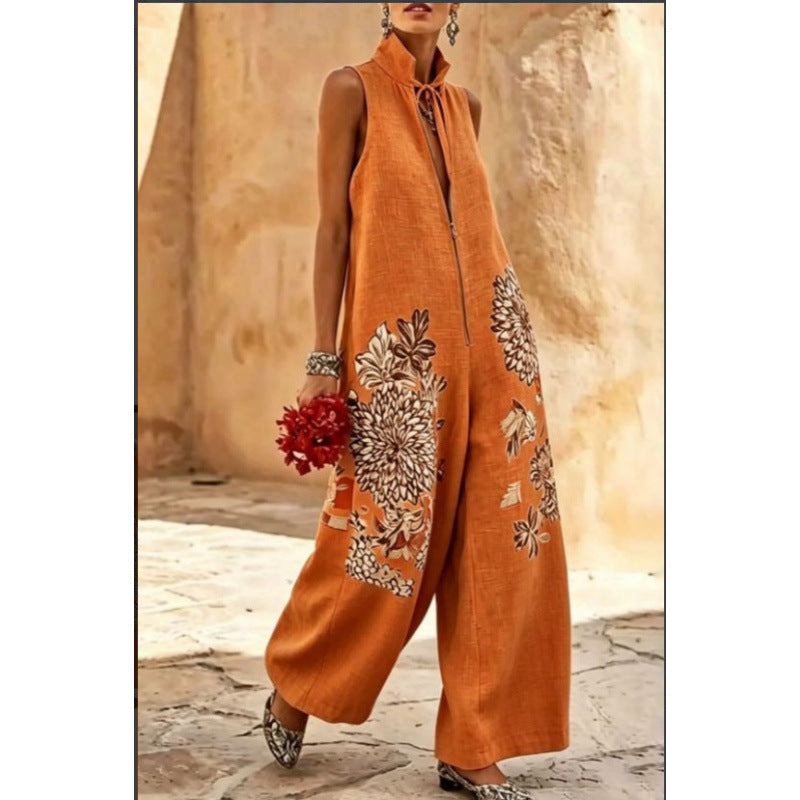 Ärmelloser Baumwoll-Leinen Jumpsuit mit Stehkragen