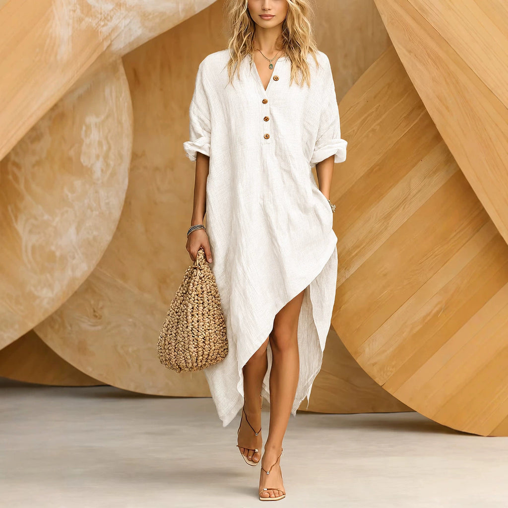 Midi-Kleid mit Knöpfen und asymmetrischem Saum – Bild 2 | LuxeStyle