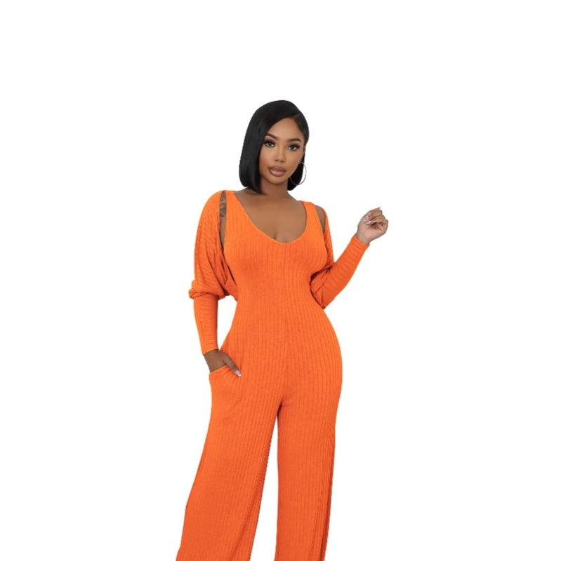 Gerippter Langarm-Jumpsuit mit hohem Stretchanteil