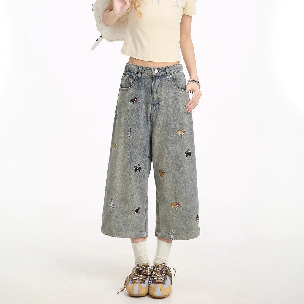 Bestickte Jeansshorts mit Hundemotiv