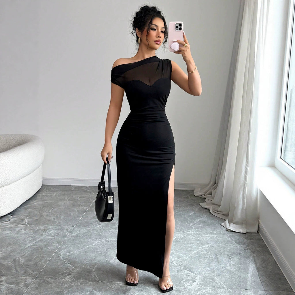 Schwarzes Off-Shoulder Spliced Kleid – Bild 2 | LuxeStyle