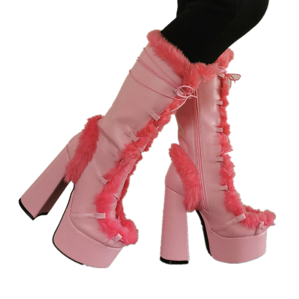 Fuzzy Damen-Stiefel mit Chunky-Absatz