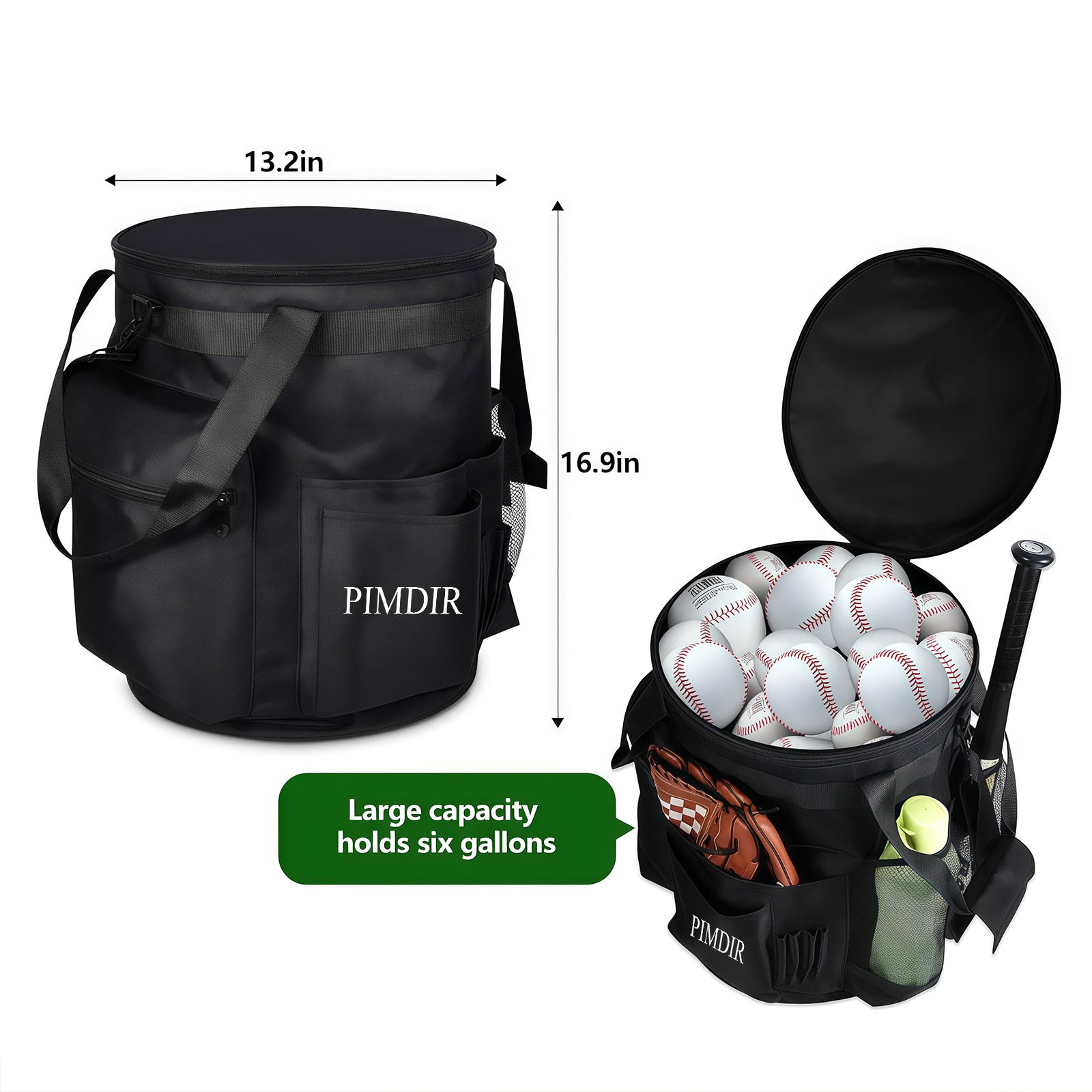 Baseball- und Softball-Bucket-Tasche mit Schläger- und Ballfach, 6 Gal