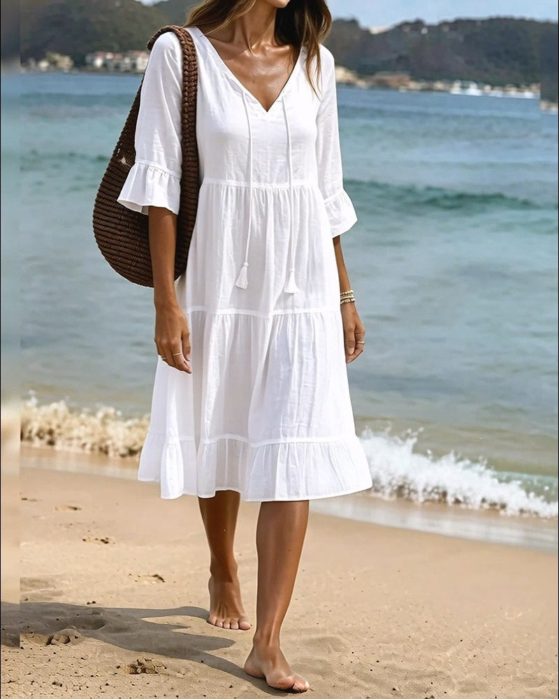 Strandkleid «Maré» · Boho-Midi mit Volants & Quasten