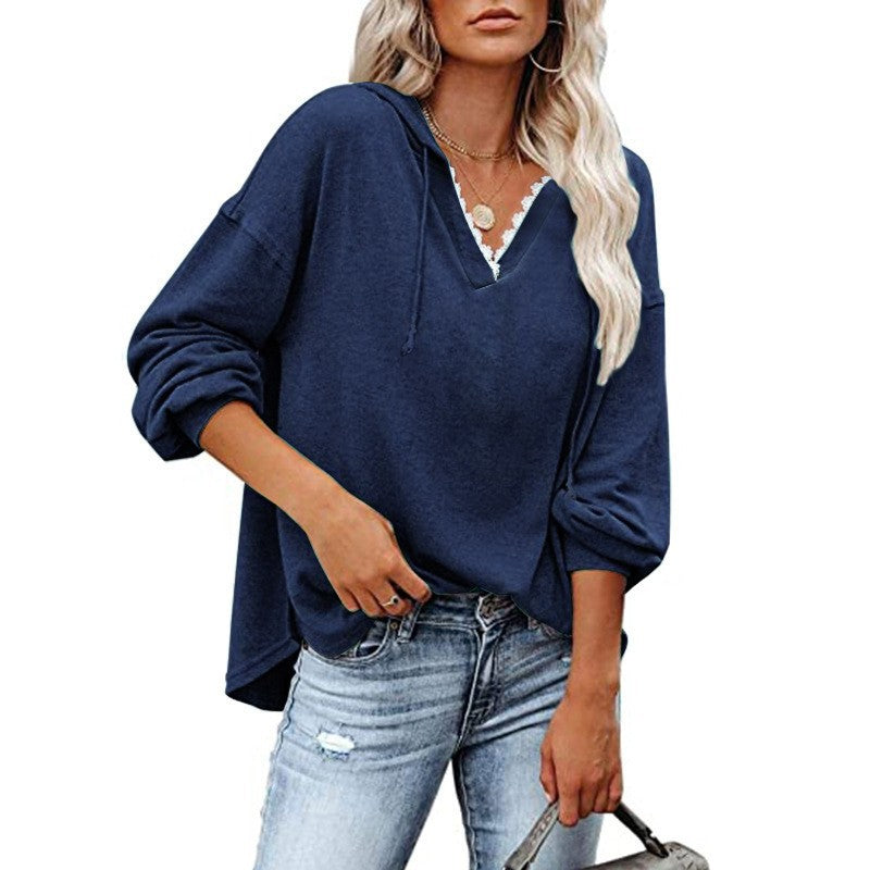 Kapuzen-Sweatshirt mit V-Ausschnitt und Spitze