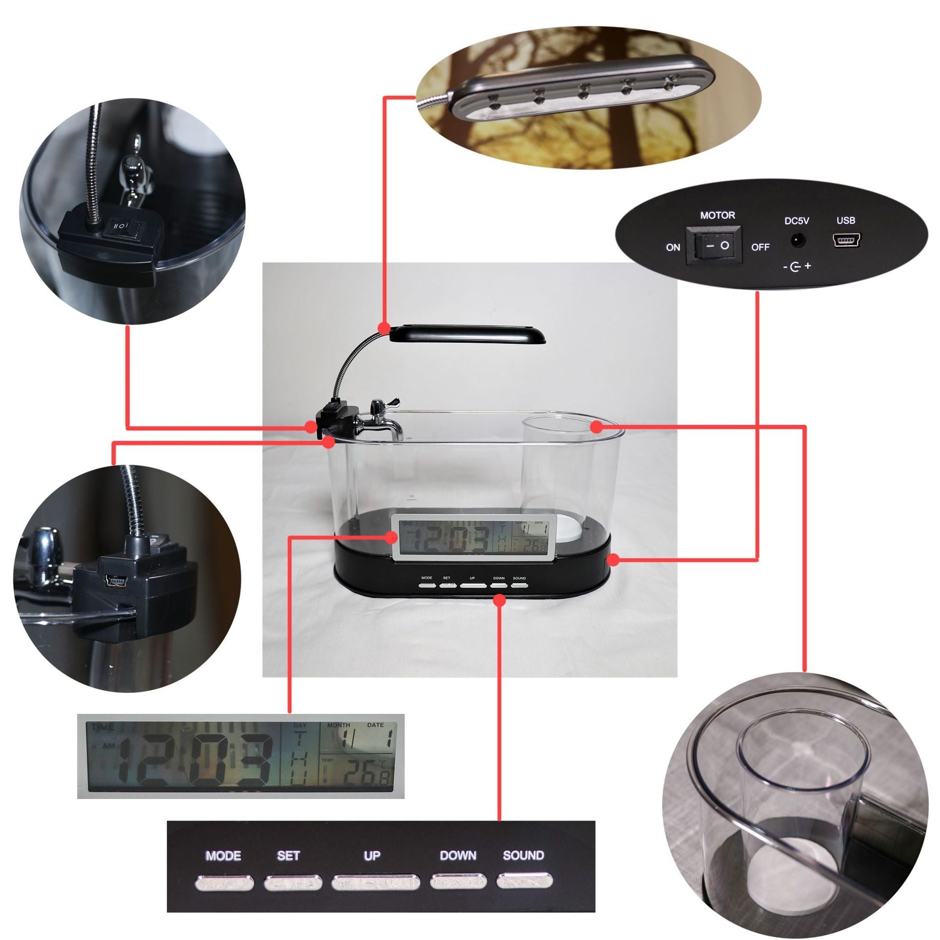 Mini-Aquarium mit Uhrenfunktion, Temperaturalarm und Stifthalter