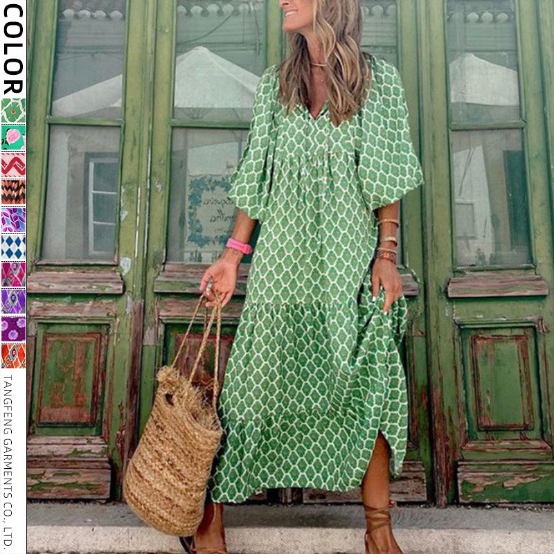 Langes Kleid mit Blumenmuster und Puffärmeln
