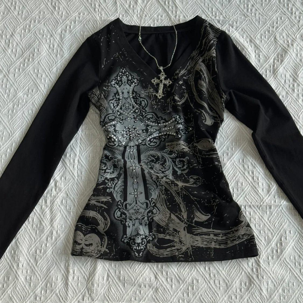 Damen Langarm-Shirt mit V-Ausschnitt & Print
