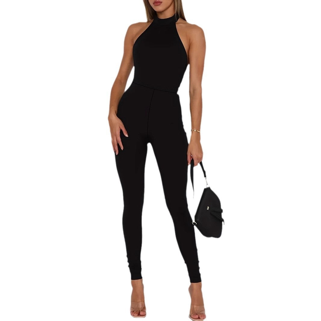 Damen Jumpsuit Neckholder Rückenfrei Slim-Fit