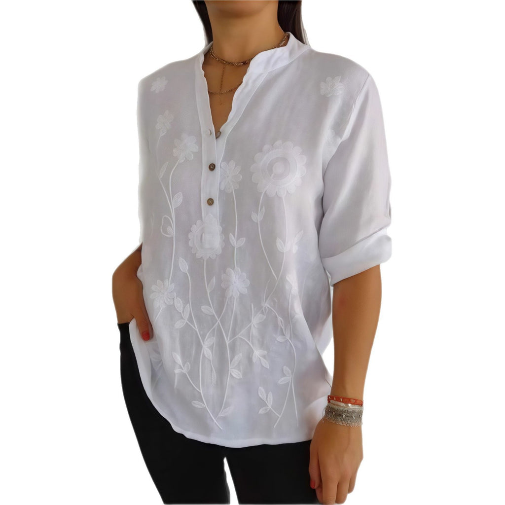 Damen Langarmshirt mit V-Ausschnitt und Stickerei – Bild 8 | LuxeStyle