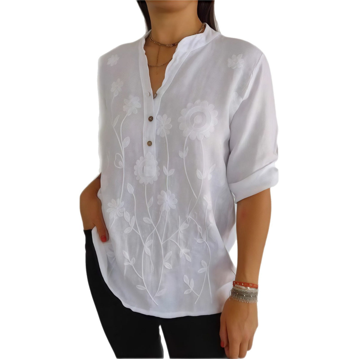 Damen Langarmshirt mit V-Ausschnitt und Stickerei – Bild 8 | LuxeStyle