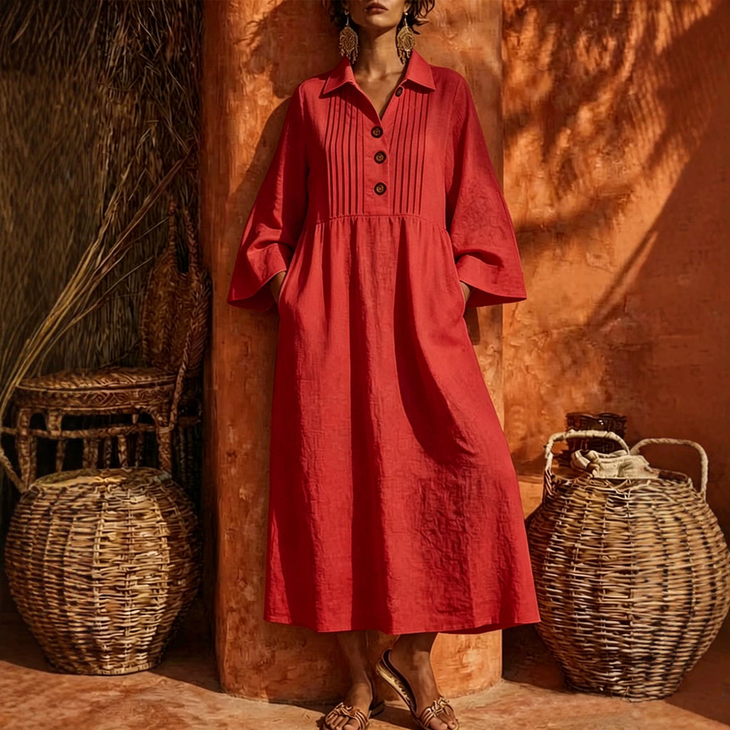 Langes V-Neck Freizeitkleid mit Knopfleiste – Bild 5 | LuxeStyle