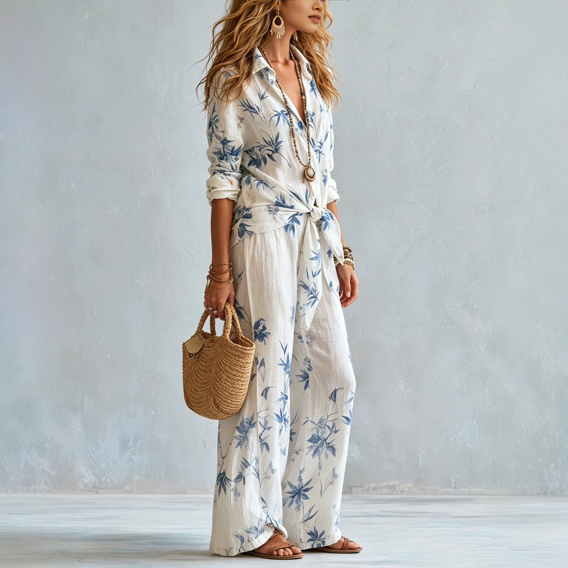 Boho-Chic Resort-Set: Hemd & weite Hose für Damen