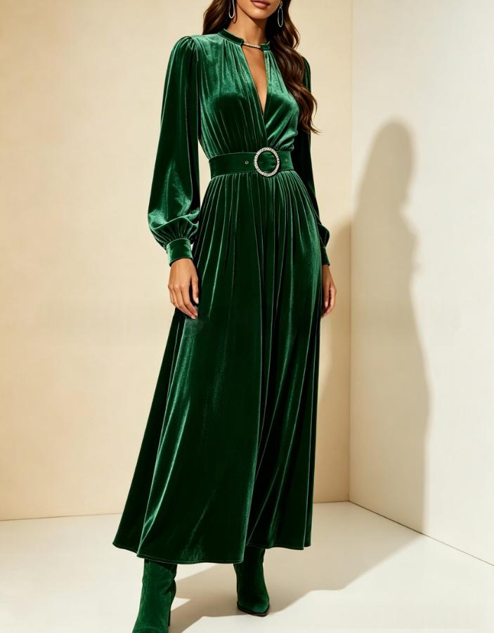Velvet-Kleid mit V-Ausschnitt und Taillenbetonung