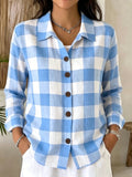 Bequeme Damen Langarm-Plaid-Shirt mit Knöpfen