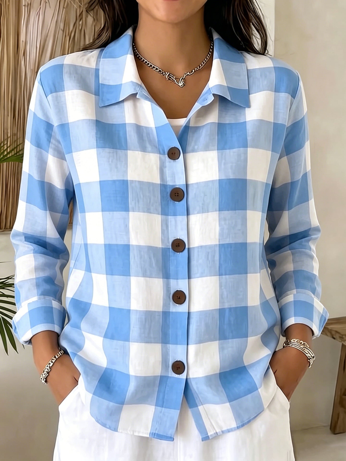 Bequeme Damen Langarm-Plaid-Shirt mit Knöpfen
