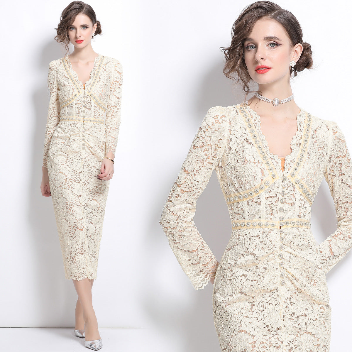Elegantes florales Spitzenkleid mit V-Ausschnitt – Bild 2 | LuxeStyle