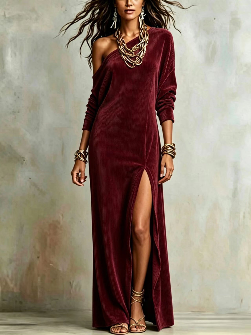 Corduroy-Kleid mit Off-Shoulder-Design